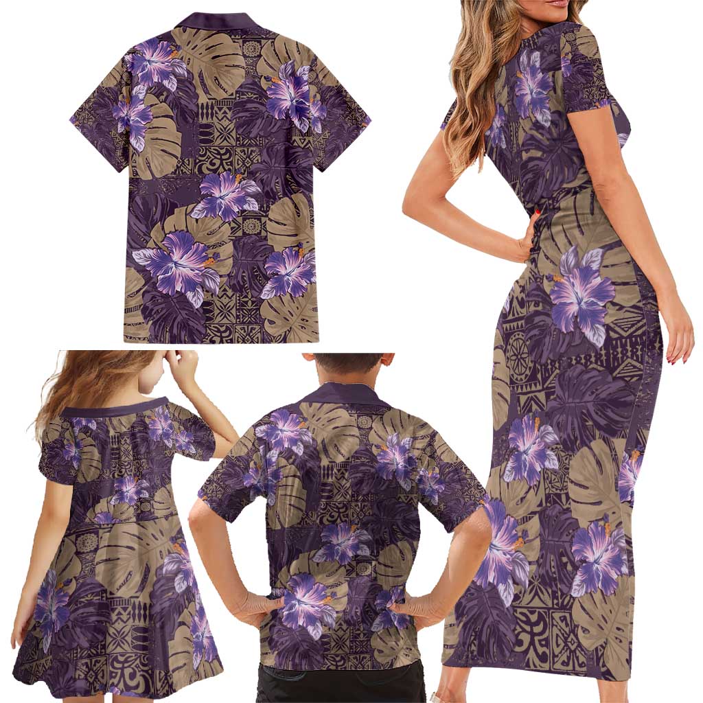 Hawaii Family Matching Short Sleeve Bodycon Dress and Hawaiian Shirt Purple Polynesian Monstera Patterns - Polynesian Pride