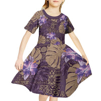 Hawaii Kid Short Sleeve Dress Purple Polynesian Monstera Patterns - Polynesian Pride