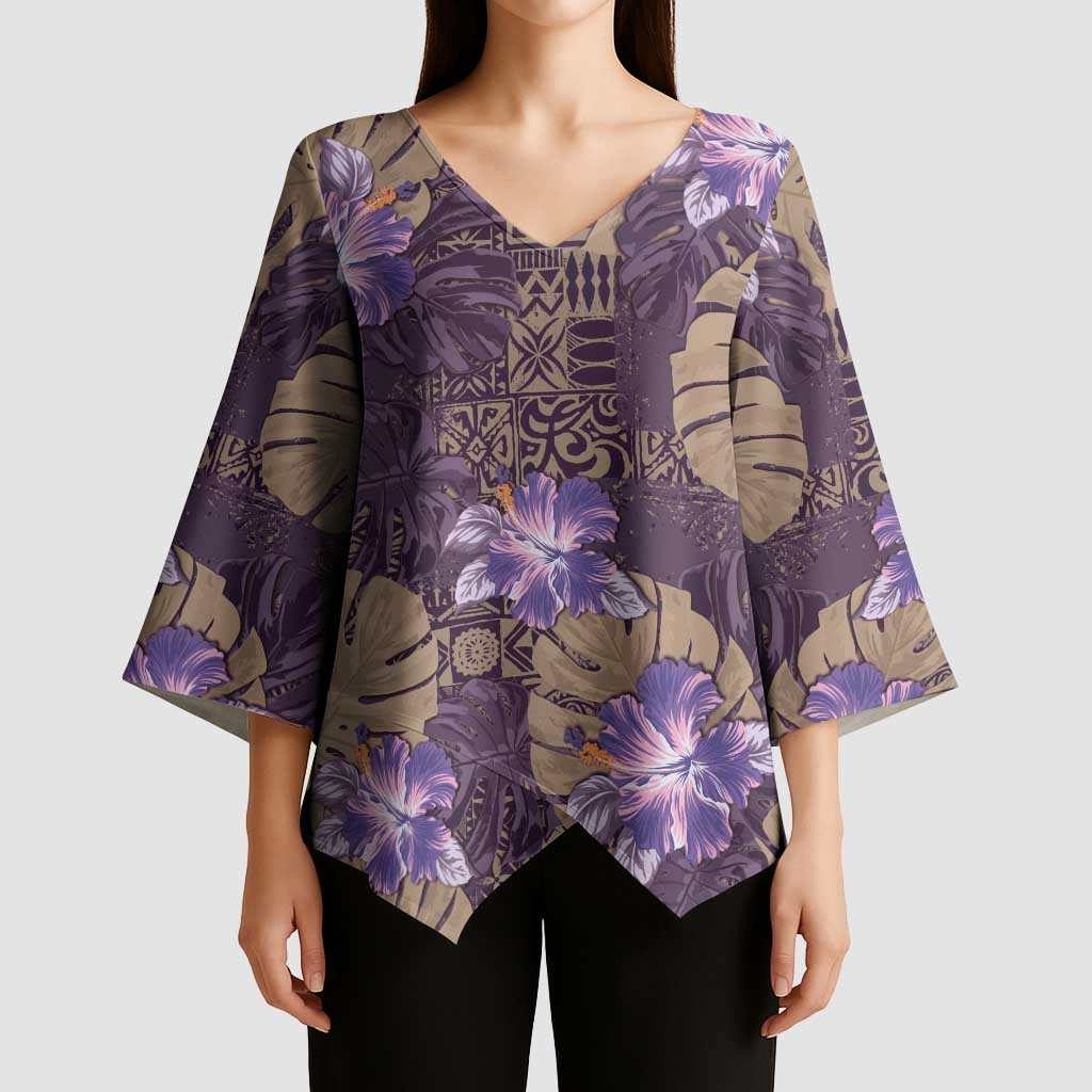 Hawaii Kimono Sleeve Blouse Purple Polynesian Monstera Patterns - Polynesian Pride