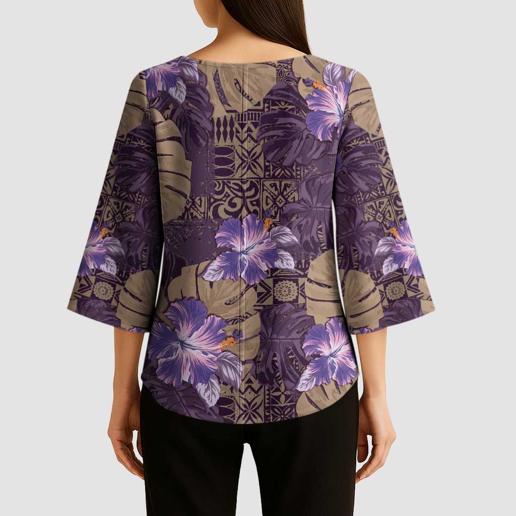 Hawaii Kimono Sleeve Blouse Purple Polynesian Monstera Patterns - Polynesian Pride