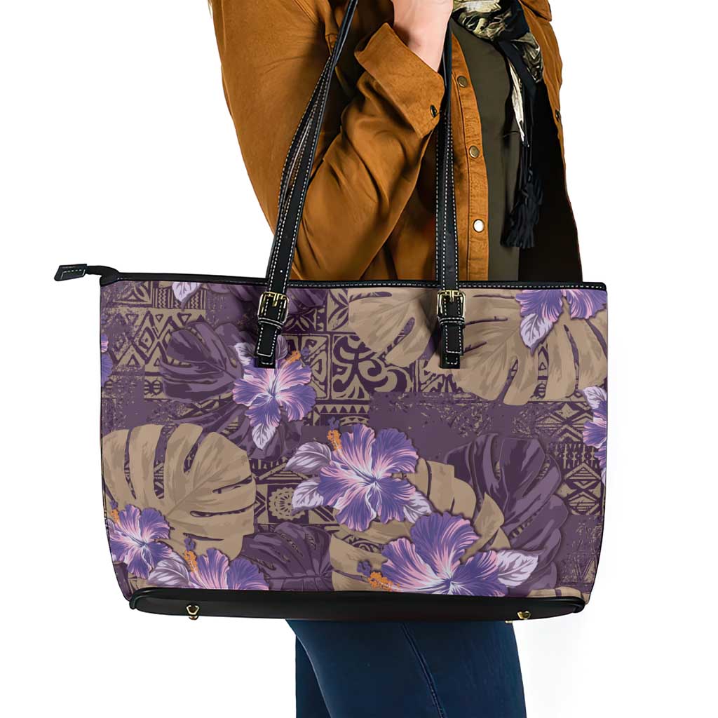Hawaii Leather Tote Bag Purple Polynesian Monstera Patterns - Polynesian Pride