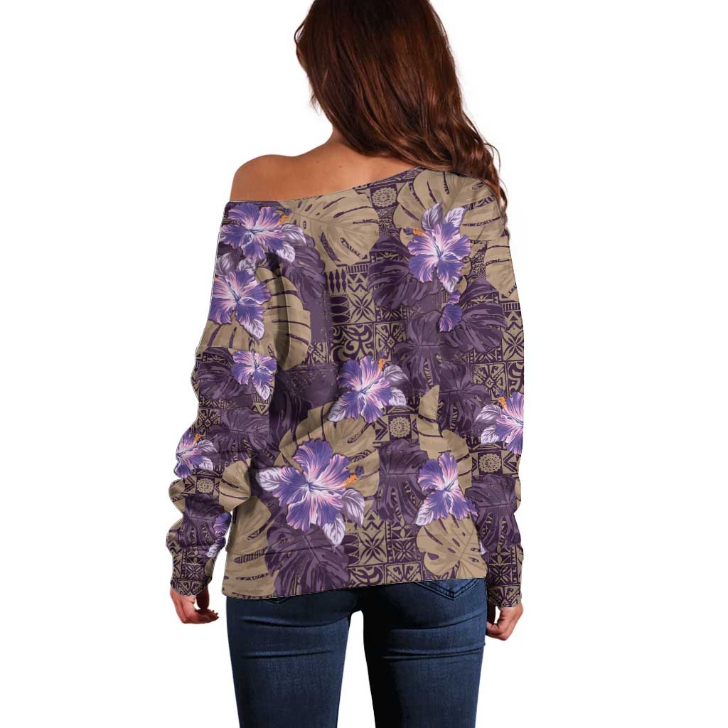 Hawaii Off Shoulder Sweater Purple Polynesian Monstera Patterns - Polynesian Pride
