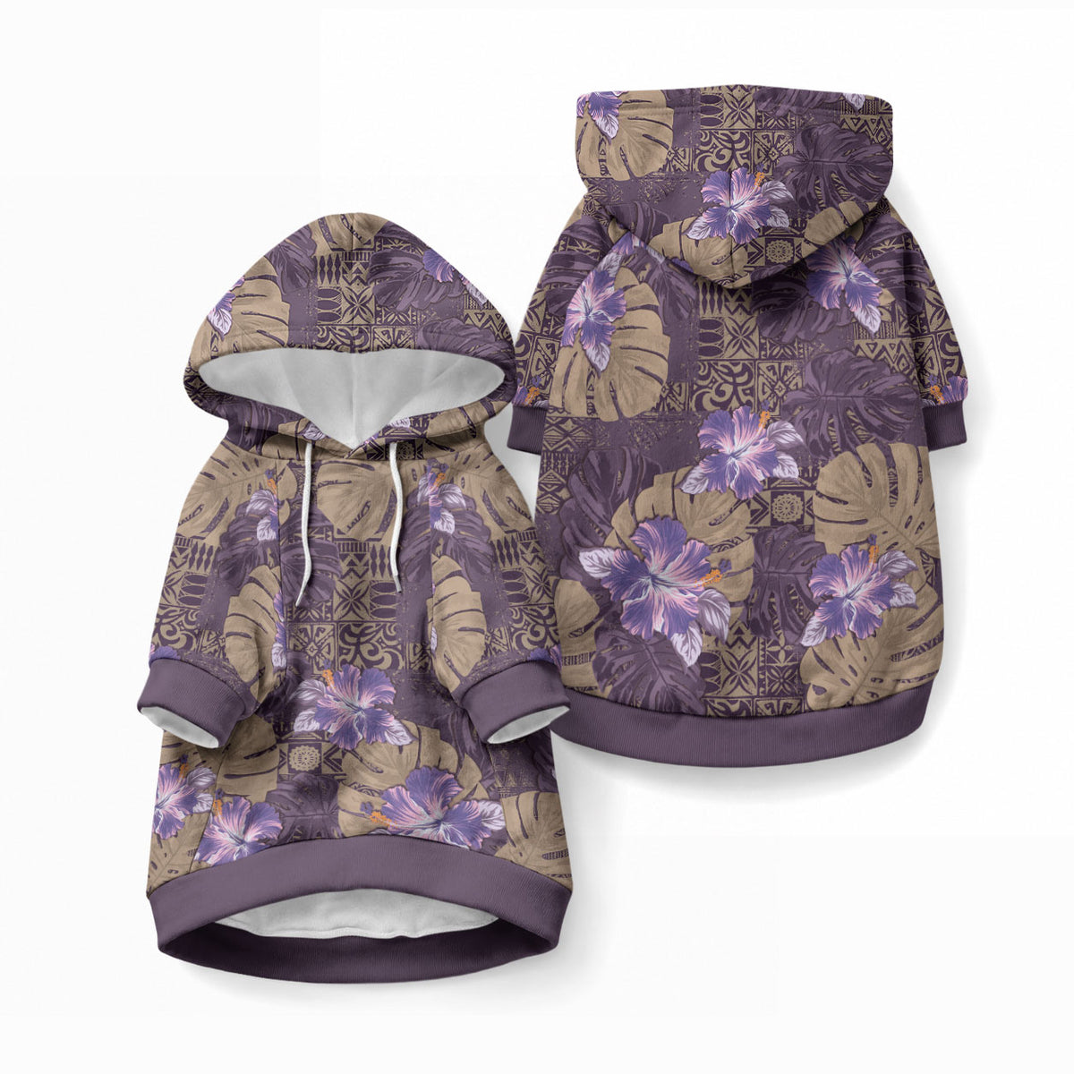 Hawaii Pet Hoodie Purple Polynesian Monstera Patterns