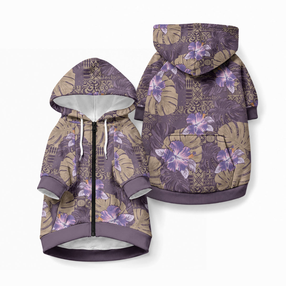 Hawaii Pet Hoodie Purple Polynesian Monstera Patterns