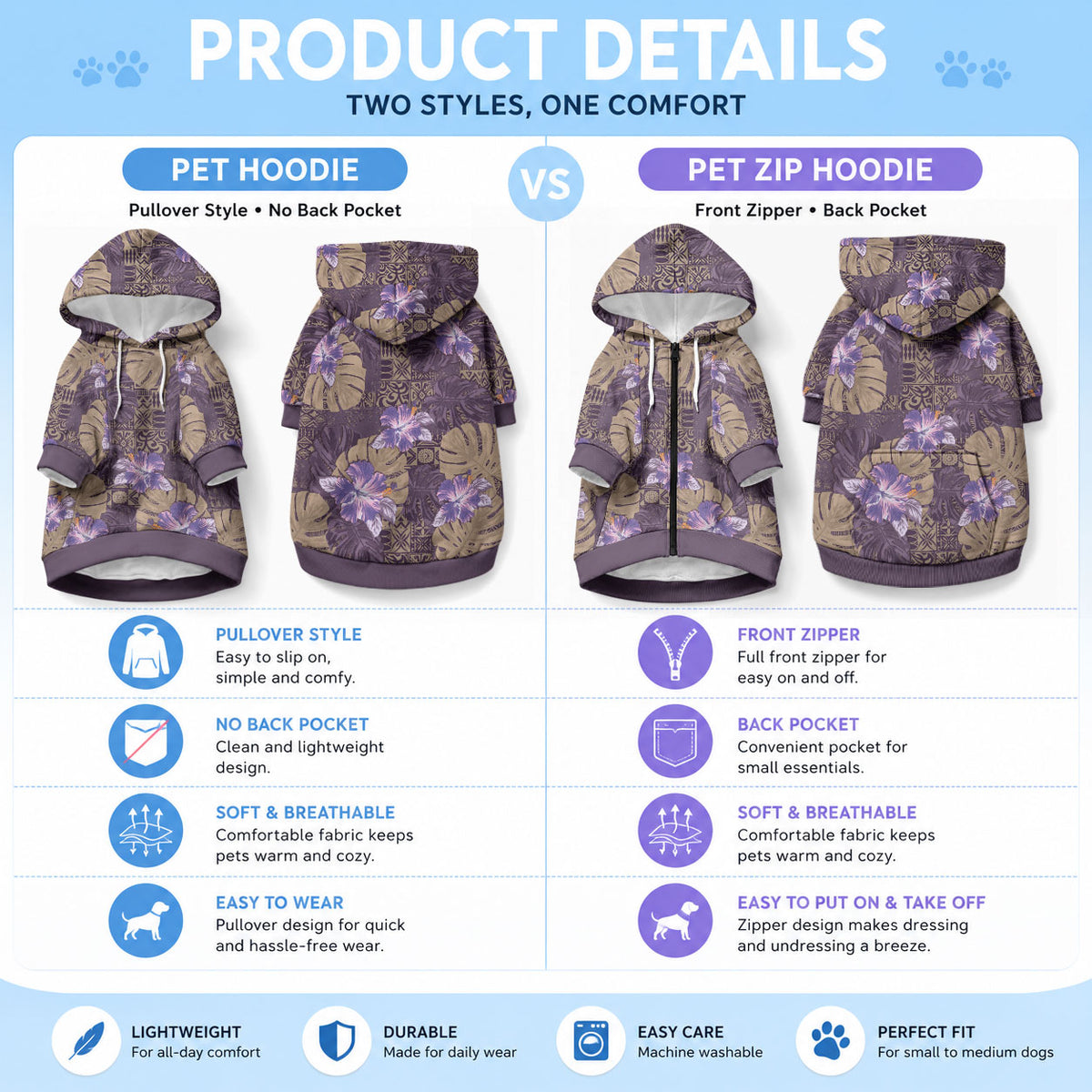 Hawaii Pet Hoodie Purple Polynesian Monstera Patterns
