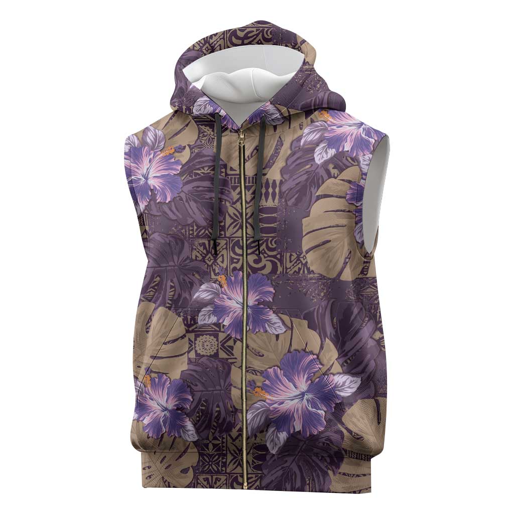 Hawaii Sleeveless Zip Hoodie Purple Polynesian Monstera Patterns - Polynesian Pride