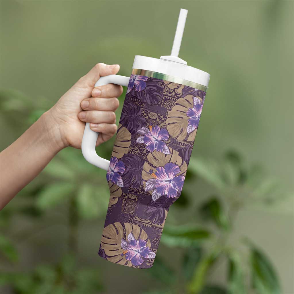 Hawaii Tumbler With Handle Purple Polynesian Monstera Patterns - Polynesian Pride