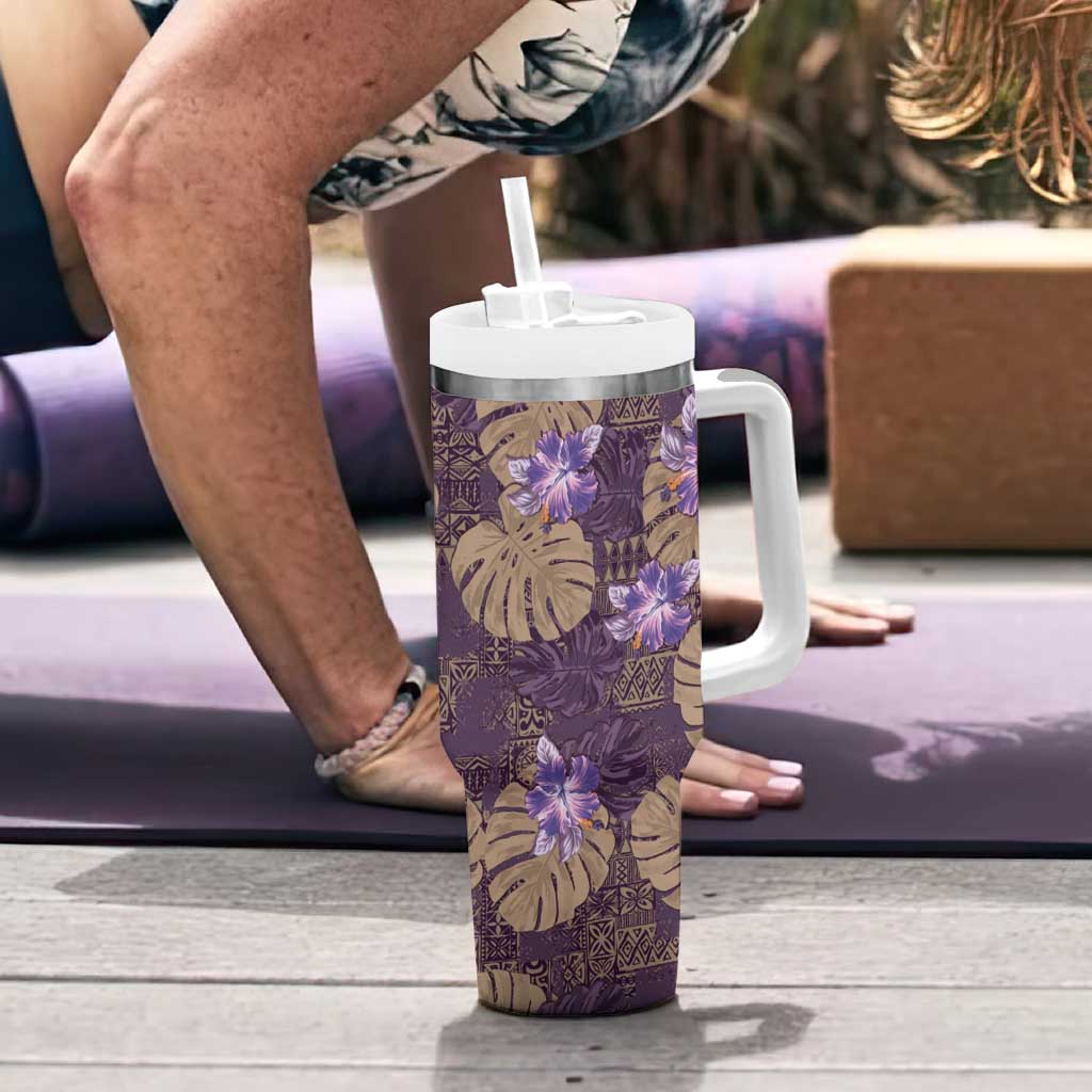 Hawaii Tumbler With Handle Purple Polynesian Monstera Patterns - Polynesian Pride
