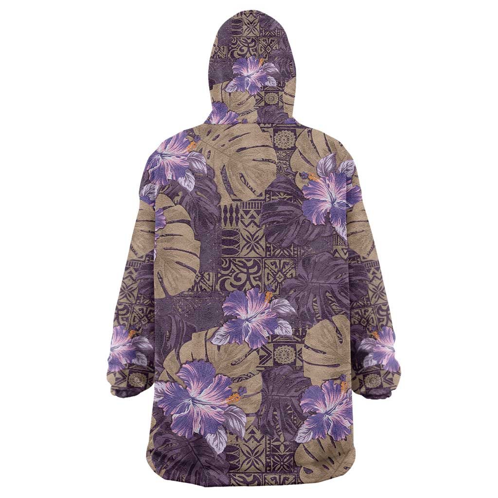 Hawaii Wearable Blanket Hoodie Purple Polynesian Monstera Patterns - Polynesian Pride