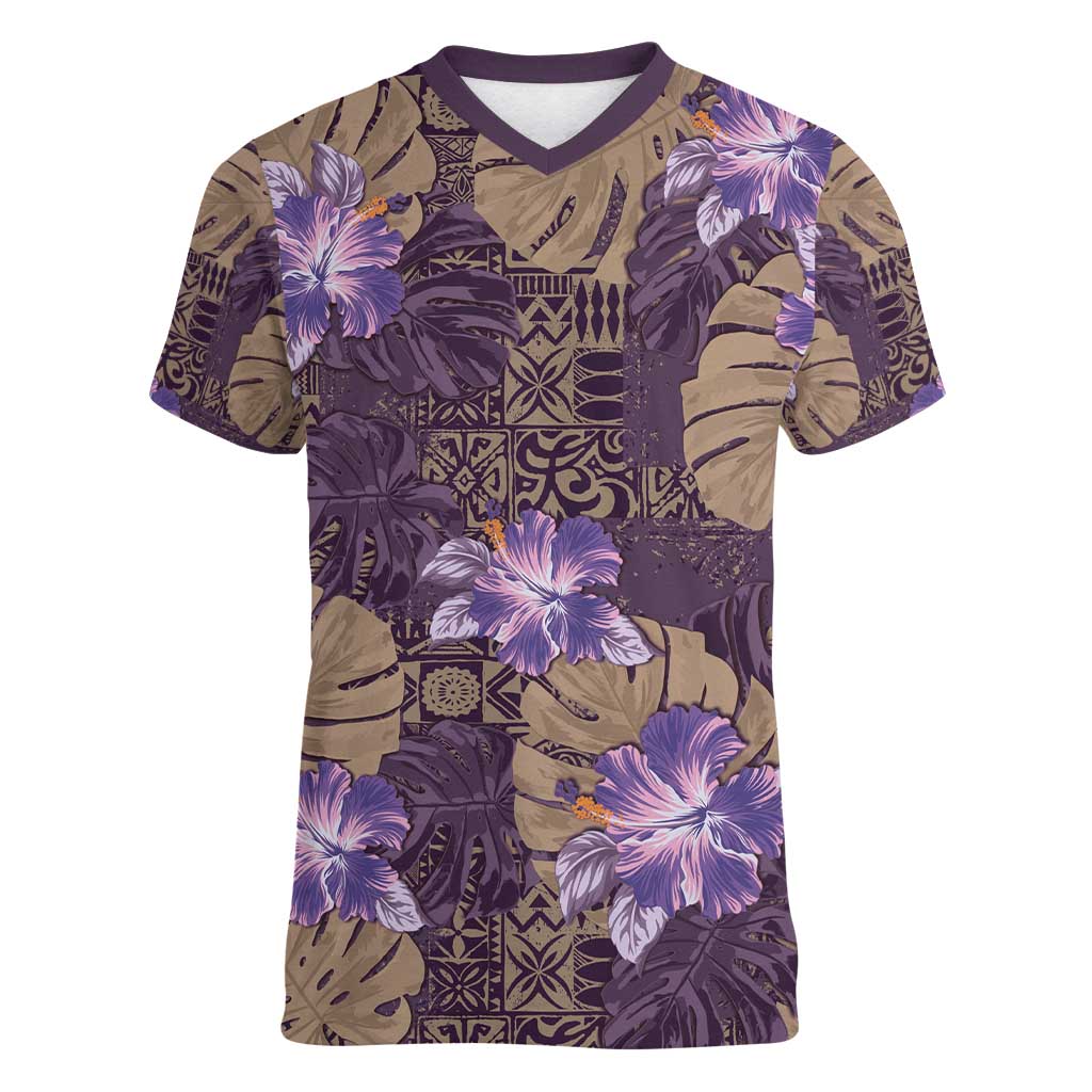 Hawaii Women V-Neck T-Shirt Purple Polynesian Monstera Patterns DT05 Female Purple - Polynesian Pride