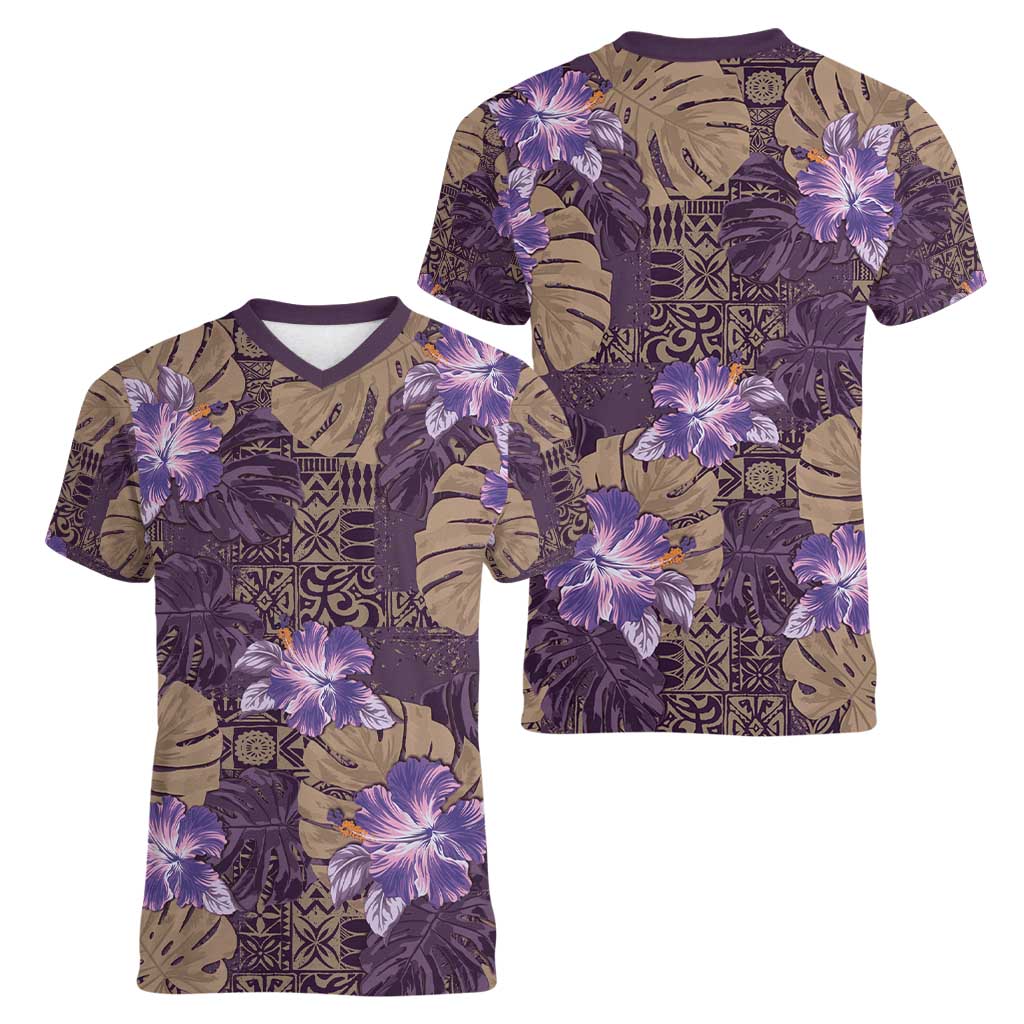 Hawaii Women V-Neck T-Shirt Purple Polynesian Monstera Patterns DT05 - Polynesian Pride
