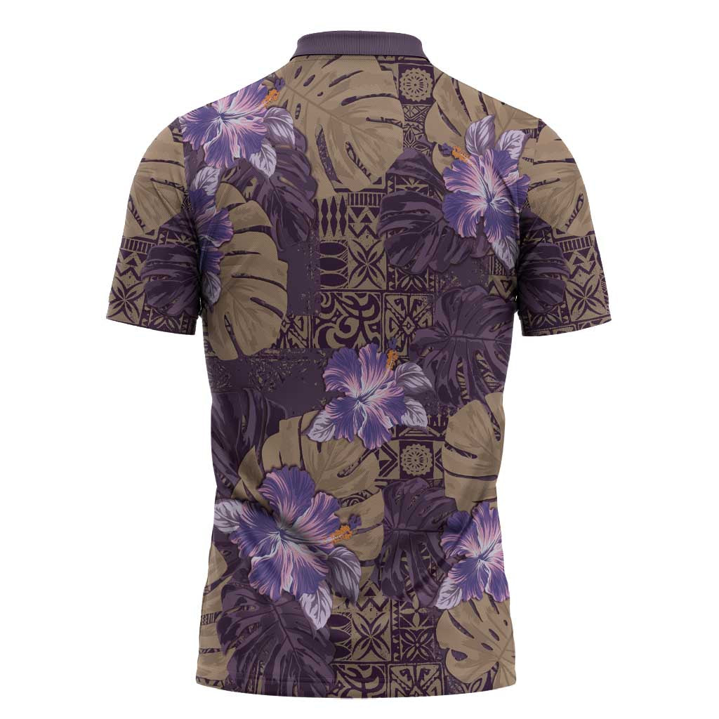 Hawaii Zipper Polo Shirt Purple Polynesian Monstera Patterns - Polynesian Pride