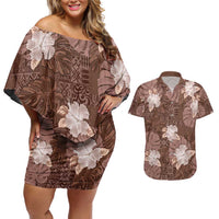 Hawaii Couples Matching Off Shoulder Short Dress and Hawaiian Shirt Brown Polynesian Monstera Patterns - Polynesian Pride