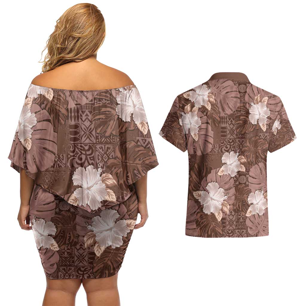 Hawaii Couples Matching Off Shoulder Short Dress and Hawaiian Shirt Brown Polynesian Monstera Patterns - Polynesian Pride