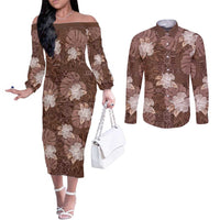 Hawaii Couples Matching Off The Shoulder Long Sleeve Dress and Long Sleeve Button Shirt Brown Polynesian Monstera Patterns - Polynesian Pride