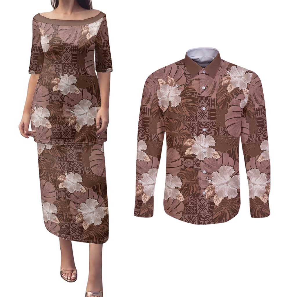 Hawaii Couples Matching Puletasi and Long Sleeve Button Shirt Brown Polynesian Monstera Patterns DT05 Brown - Polynesian Pride