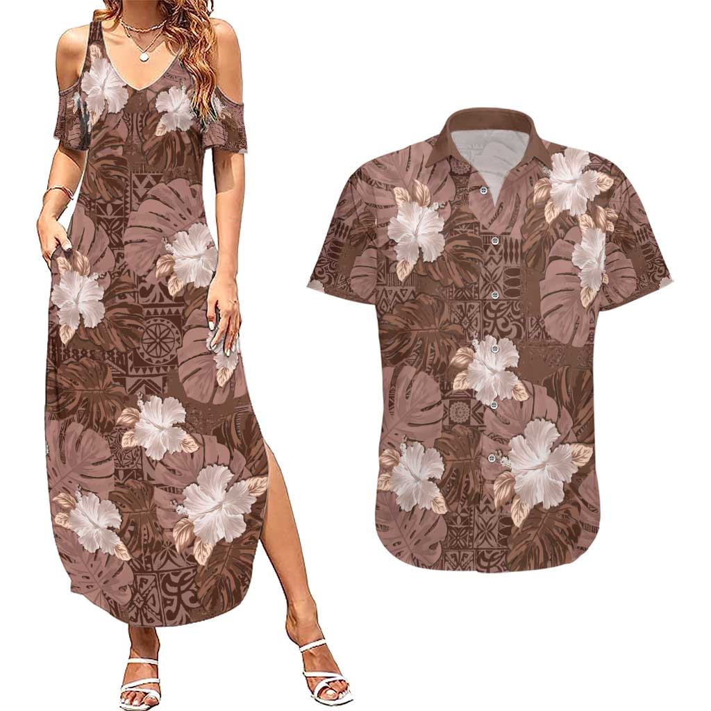 Hawaii Couples Matching Summer Maxi Dress and Hawaiian Shirt Brown Polynesian Monstera Patterns - Polynesian Pride