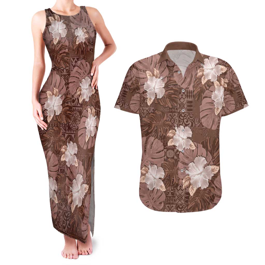 Hawaii Couples Matching Tank Maxi Dress and Hawaiian Shirt Brown Polynesian Monstera Patterns - Polynesian Pride