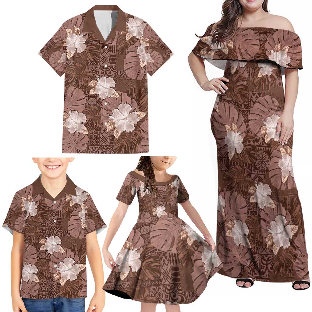 Hawaii Family Matching Off Shoulder Maxi Dress and Hawaiian Shirt Brown Polynesian Monstera Patterns - Polynesian Pride