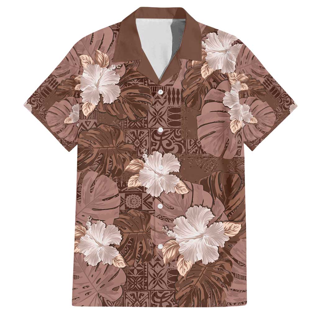 Hawaii Family Matching Off Shoulder Short Dress and Hawaiian Shirt Brown Polynesian Monstera Patterns - Polynesian Pride