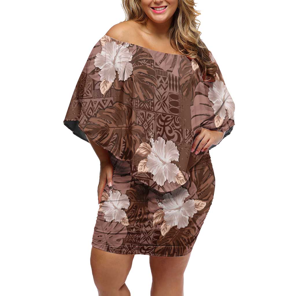 Hawaii Family Matching Off Shoulder Short Dress and Hawaiian Shirt Brown Polynesian Monstera Patterns - Polynesian Pride