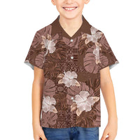 Hawaii Family Matching Off Shoulder Short Dress and Hawaiian Shirt Brown Polynesian Monstera Patterns - Polynesian Pride