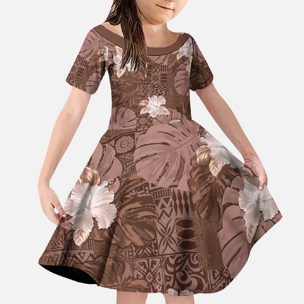 Hawaii Family Matching Short Sleeve Bodycon Dress and Hawaiian Shirt Brown Polynesian Monstera Patterns - Polynesian Pride