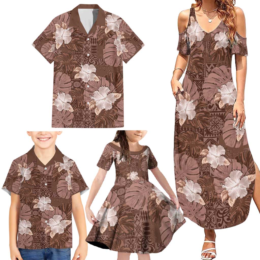 Hawaii Family Matching Summer Maxi Dress and Hawaiian Shirt Brown Polynesian Monstera Patterns - Polynesian Pride