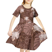 Hawaii Kid Short Sleeve Dress Brown Polynesian Monstera Patterns - Polynesian Pride