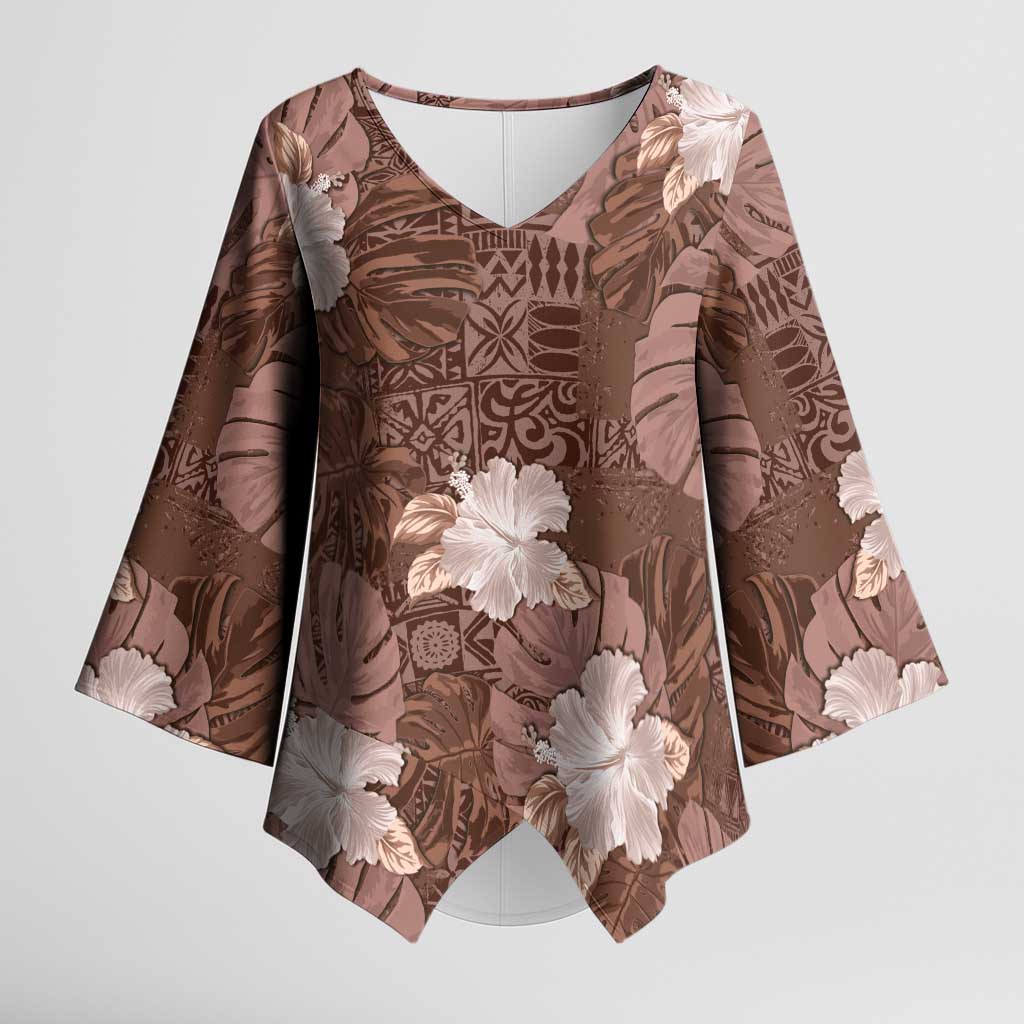 Hawaii Kimono Sleeve Blouse Brown Polynesian Monstera Patterns - Polynesian Pride