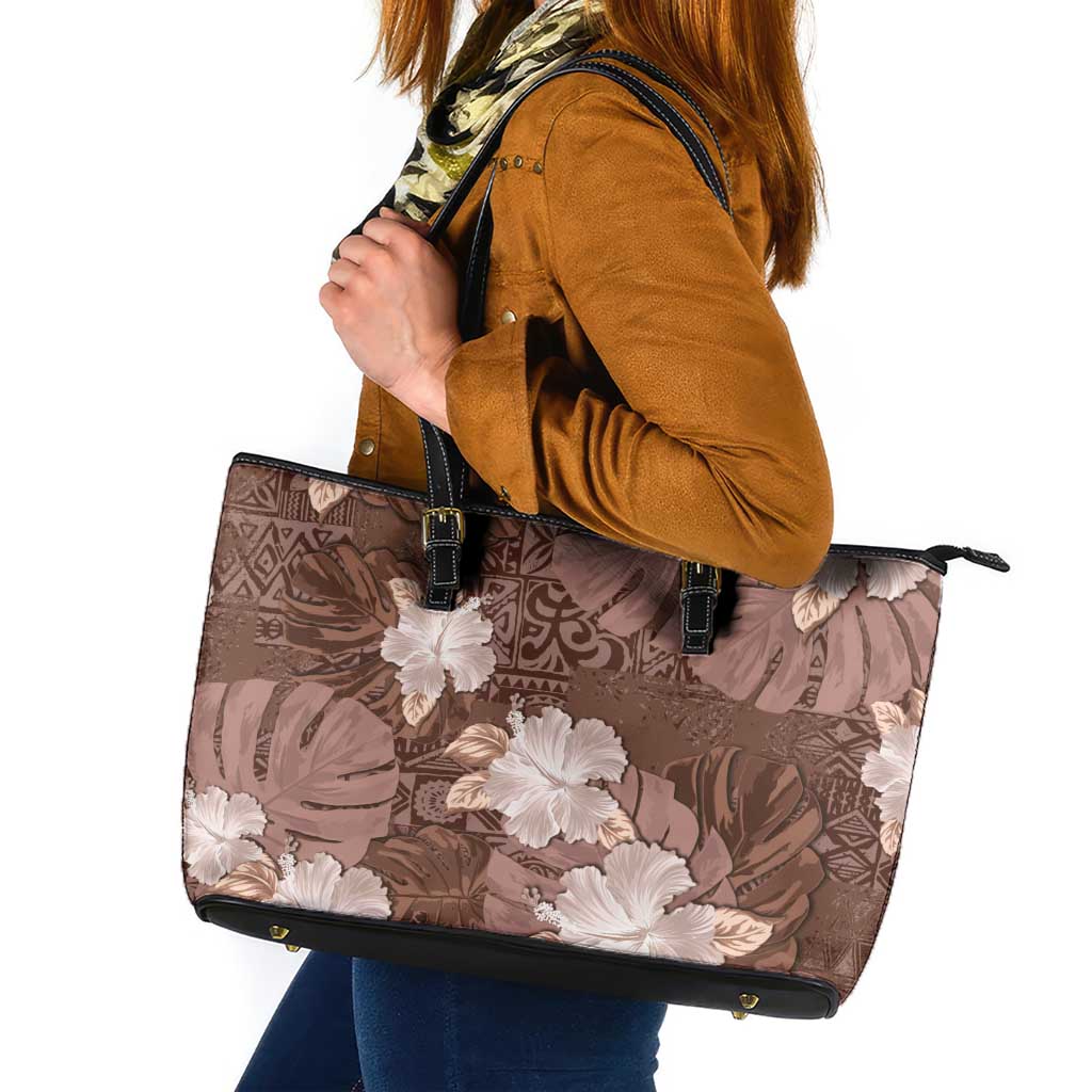 Hawaii Leather Tote Bag Brown Polynesian Monstera Patterns - Polynesian Pride