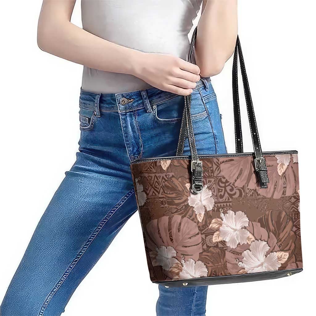 Hawaii Leather Tote Bag Brown Polynesian Monstera Patterns - Polynesian Pride