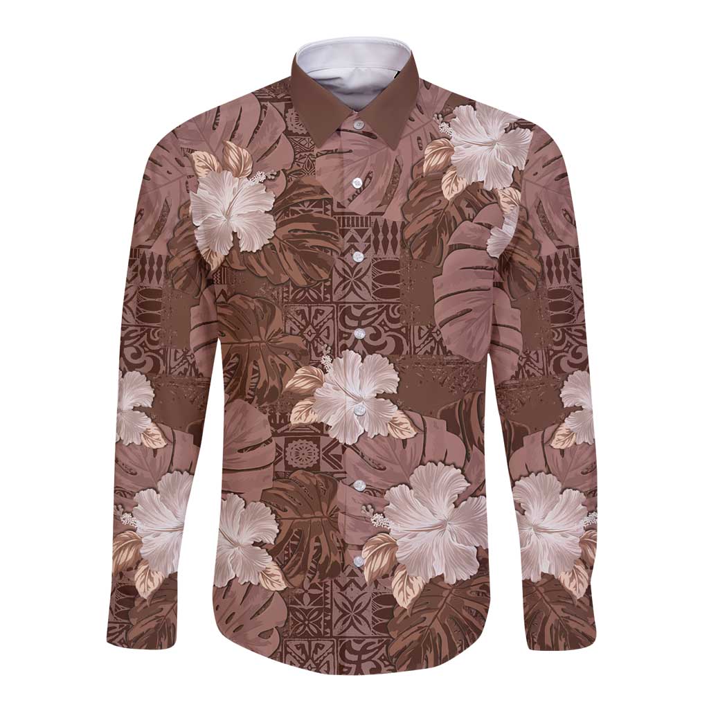 Hawaii Long Sleeve Button Shirt Brown Polynesian Monstera Patterns DT05 Unisex Brown - Polynesian Pride