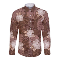 Hawaii Long Sleeve Button Shirt Brown Polynesian Monstera Patterns DT05 Unisex Brown - Polynesian Pride