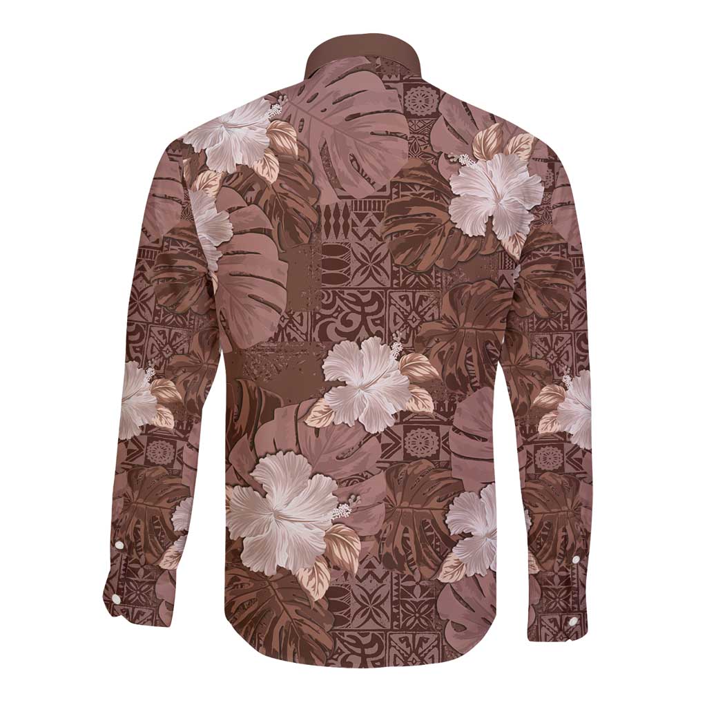 Hawaii Long Sleeve Button Shirt Brown Polynesian Monstera Patterns DT05 - Polynesian Pride