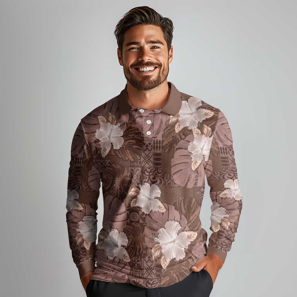 Hawaii Long Sleeve Polo Shirt Brown Polynesian Monstera Patterns - Polynesian Pride
