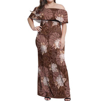 Hawaii Off Shoulder Maxi Dress Brown Polynesian Monstera Patterns - Polynesian Pride