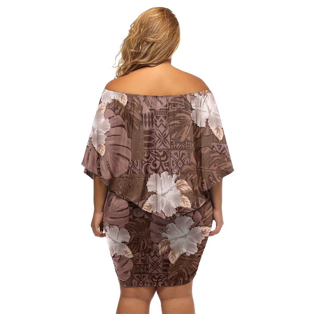 Hawaii Off Shoulder Short Dress Brown Polynesian Monstera Patterns - Polynesian Pride