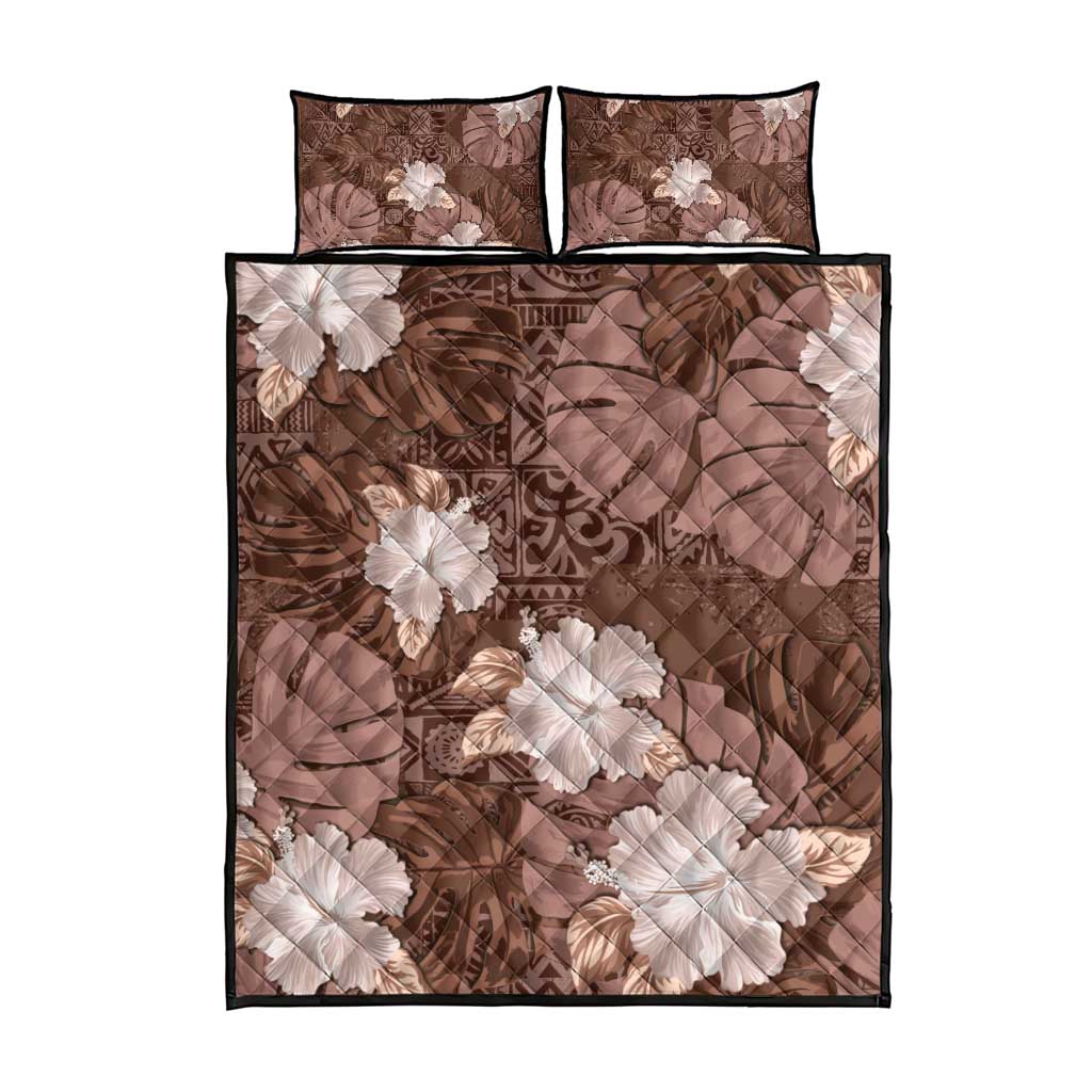 Hawaii Quilt Bed Set Brown Polynesian Monstera Patterns - Polynesian Pride