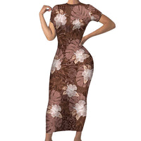 Hawaii Short Sleeve Bodycon Dress Brown Polynesian Monstera Patterns - Polynesian Pride