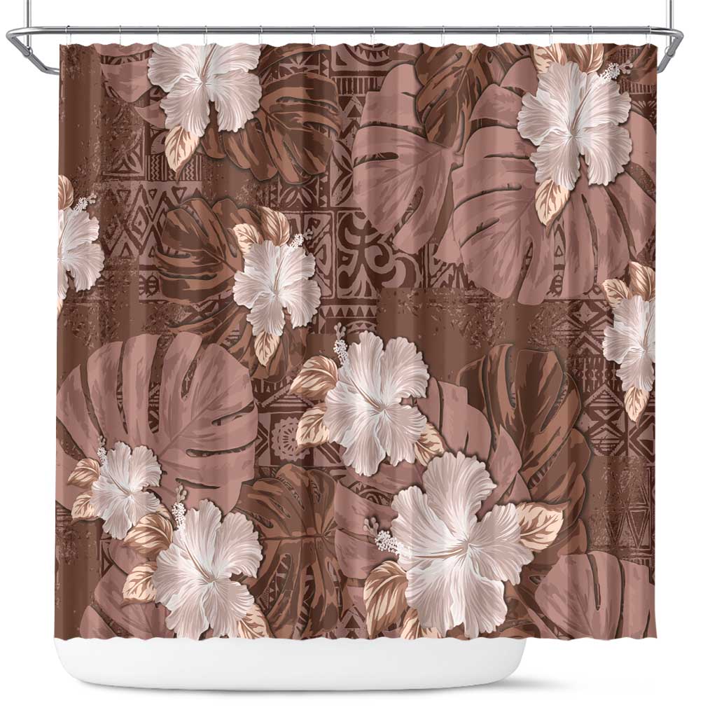 Hawaii Shower Curtain Brown Polynesian Monstera Patterns - Polynesian Pride