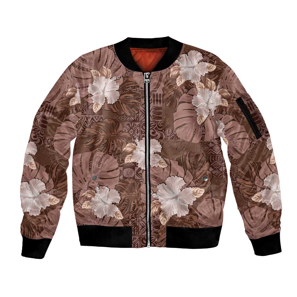 Hawaii Sleeve Zip Bomber Jacket Brown Polynesian Monstera Patterns DT05 Unisex Brown - Polynesian Pride