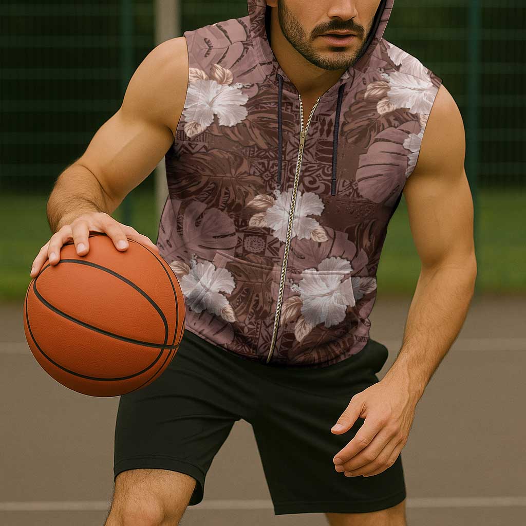 Hawaii Sleeveless Zip Hoodie Brown Polynesian Monstera Patterns - Polynesian Pride