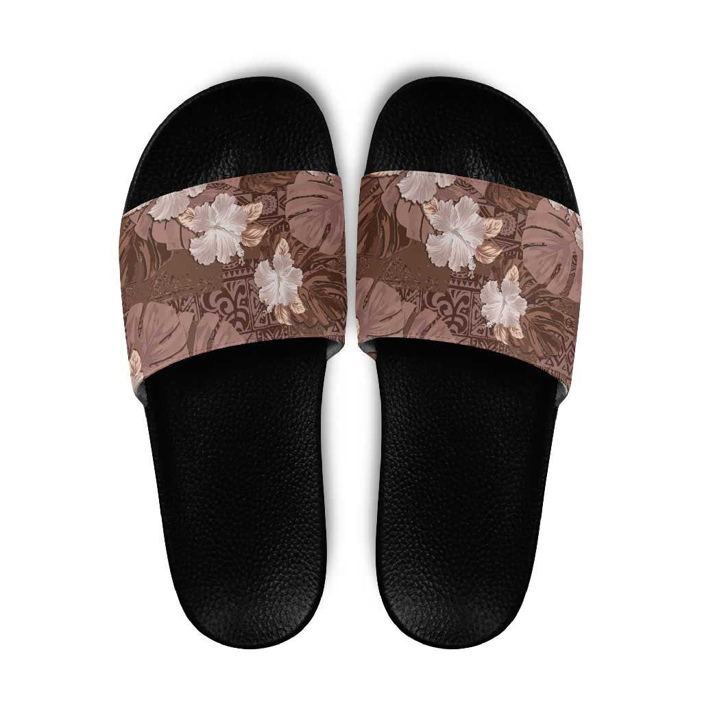 Hawaii Slide Sandals Brown Polynesian Monstera Patterns - Polynesian Pride