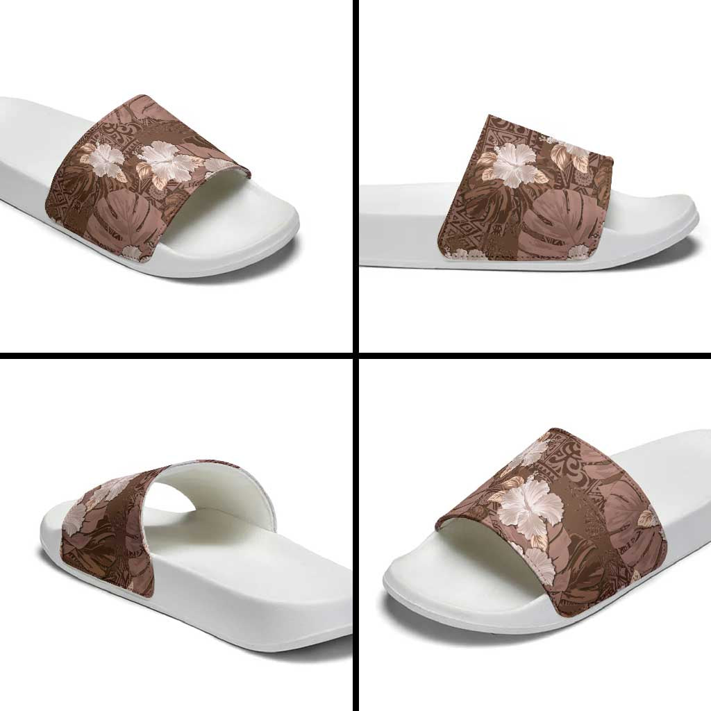 Hawaii Slide Sandals Brown Polynesian Monstera Patterns - Polynesian Pride