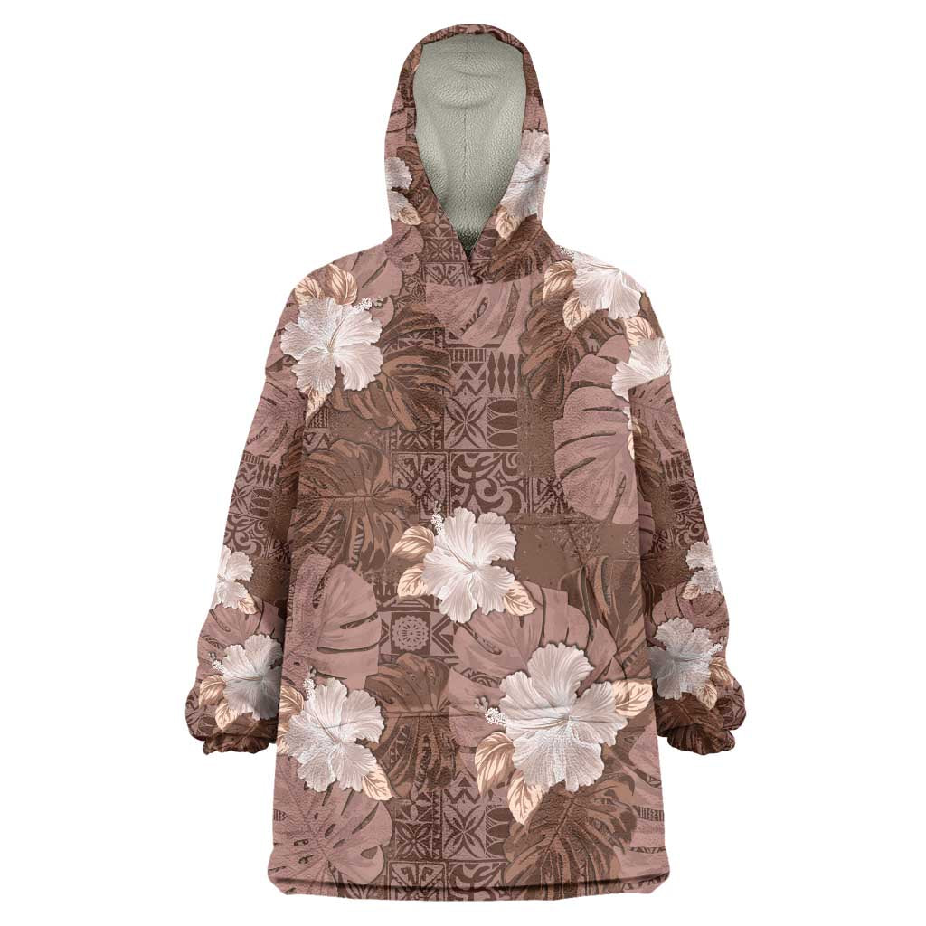 Hawaii Wearable Blanket Hoodie Brown Polynesian Monstera Patterns - Polynesian Pride