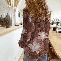 Hawaii Women Casual Shirt Brown Polynesian Monstera Patterns - Polynesian Pride