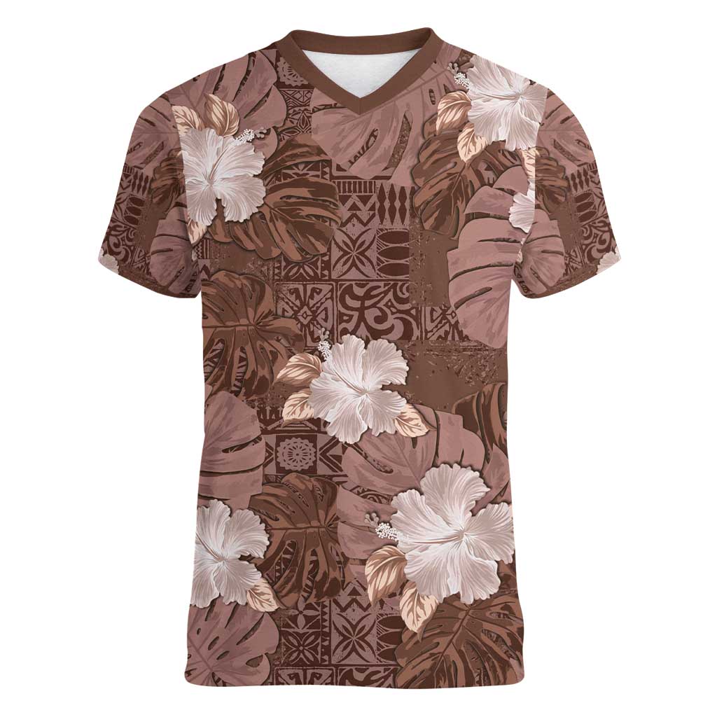 Hawaii Women V-Neck T-Shirt Brown Polynesian Monstera Patterns DT05 Female Brown - Polynesian Pride