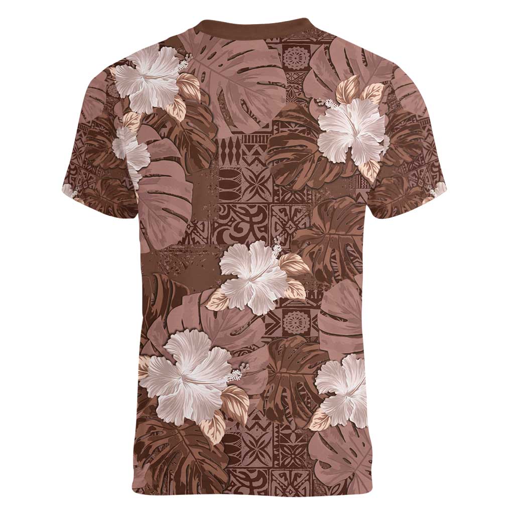 Hawaii Women V-Neck T-Shirt Brown Polynesian Monstera Patterns DT05 - Polynesian Pride
