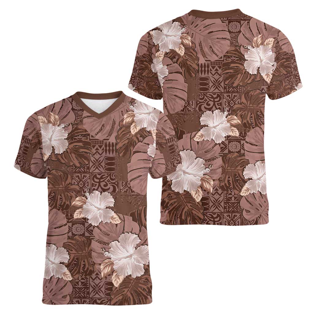 Hawaii Women V-Neck T-Shirt Brown Polynesian Monstera Patterns DT05 - Polynesian Pride